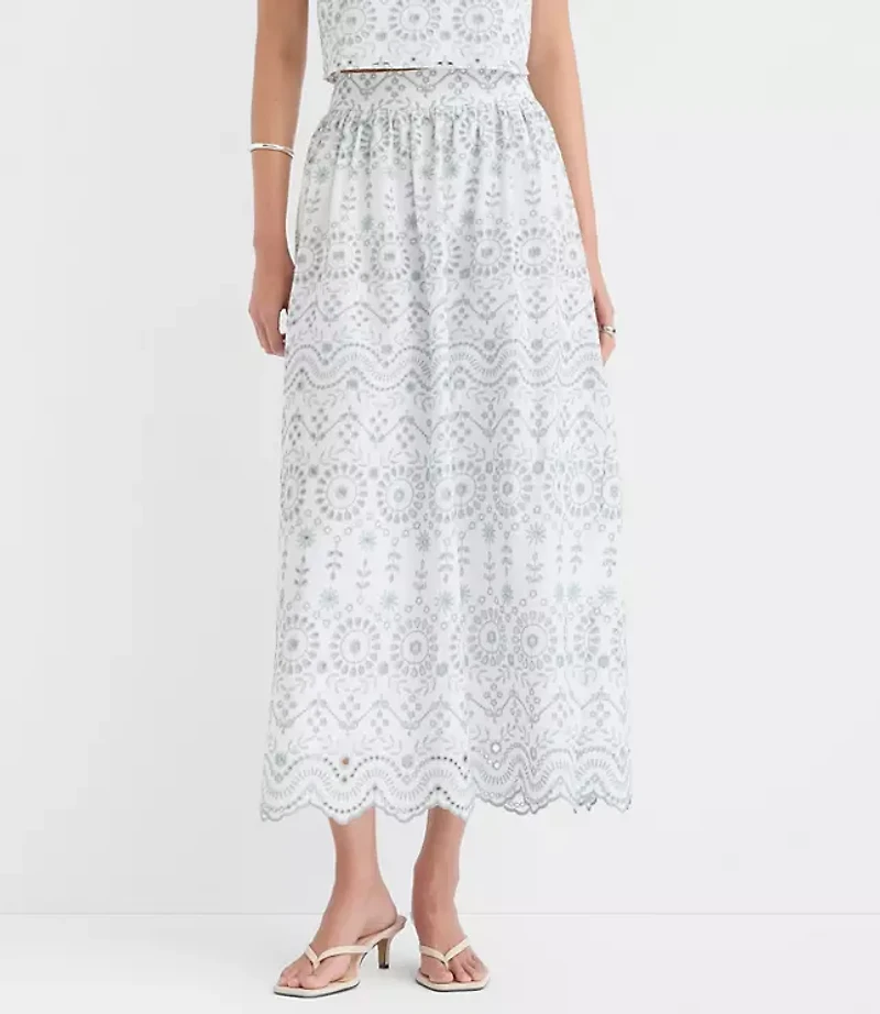 Scalloped Eyelet Poplin Midi Skirt