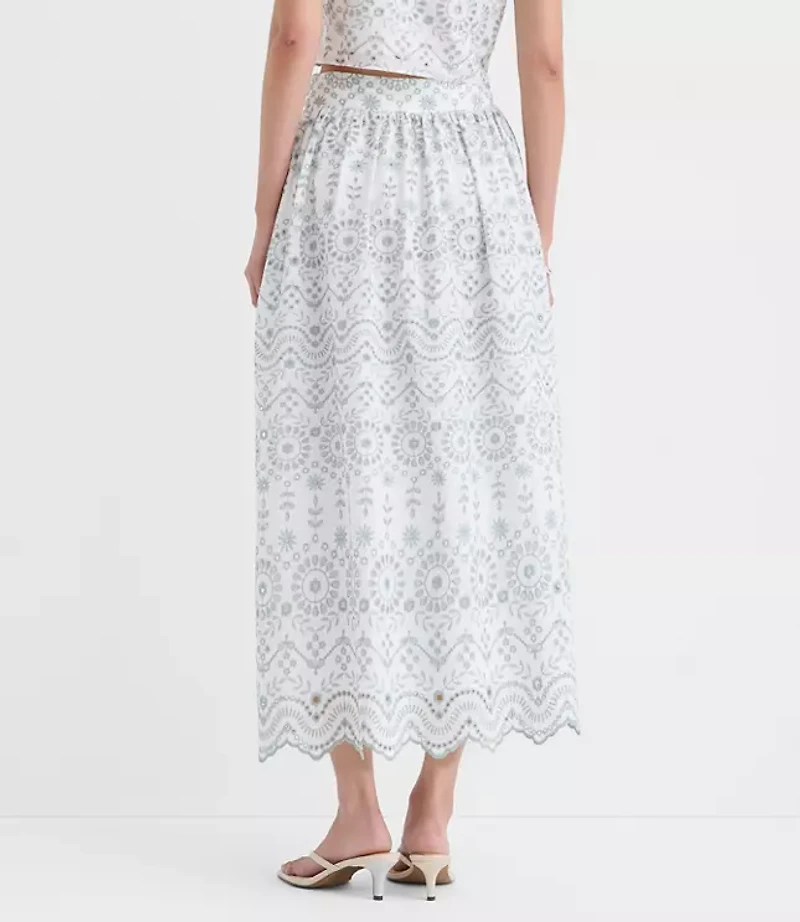 Scalloped Eyelet Poplin Midi Skirt