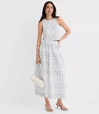 Scalloped Eyelet Poplin Midi Skirt