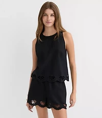 Petite LOFT Beach Seashell Embroidered Linen Cotton Tank Top