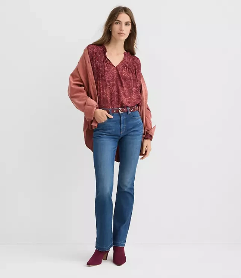 Petite Lace Print Pintucked Ruffle Mixed Media Blouse