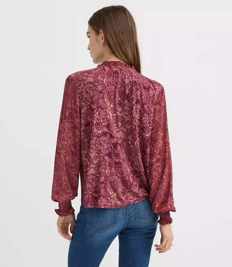 Petite Lace Print Pintucked Ruffle Mixed Media Blouse