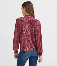 Petite Lace Print Pintucked Ruffle Mixed Media Blouse