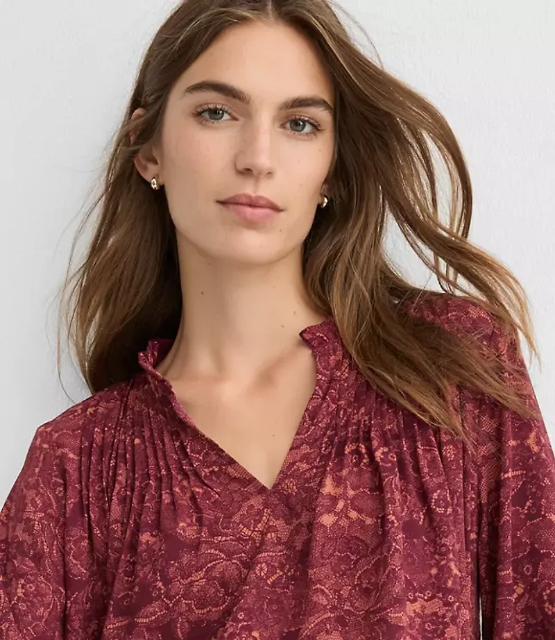 Petite Lace Print Pintucked Ruffle Mixed Media Blouse
