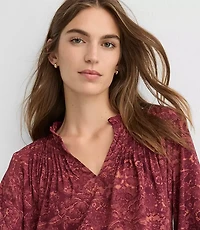 Petite Lace Print Pintucked Ruffle Mixed Media Blouse