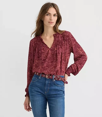 Petite Lace Print Pintucked Ruffle Mixed Media Blouse