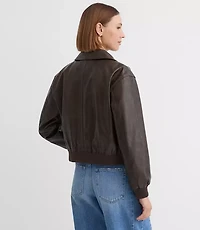 Petite Distressed Faux Leather Bomber Jacket