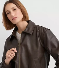 Petite Distressed Faux Leather Bomber Jacket