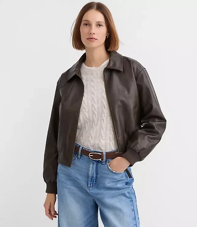 Petite Distressed Faux Leather Bomber Jacket