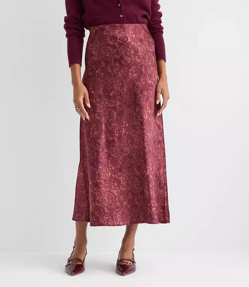 Petite Floral Lace Print Satin Bias Maxi Skirt