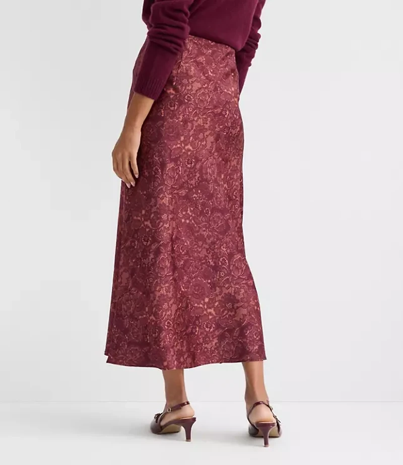 Petite Floral Lace Print Satin Bias Maxi Skirt