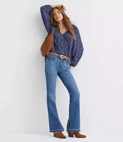 Split Unpicked Hem Mid Rise Boot Jeans Bright Medium Stone Wash
