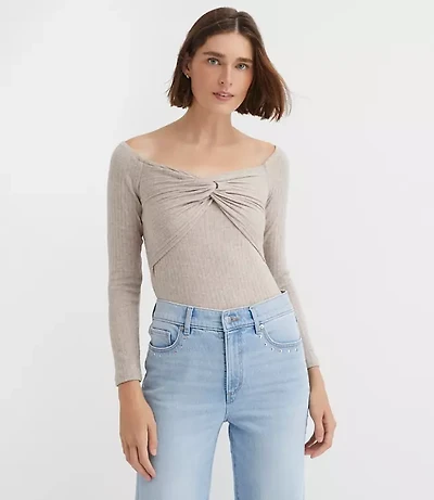 Petite Ribbed Knot Off The Shoulder Top