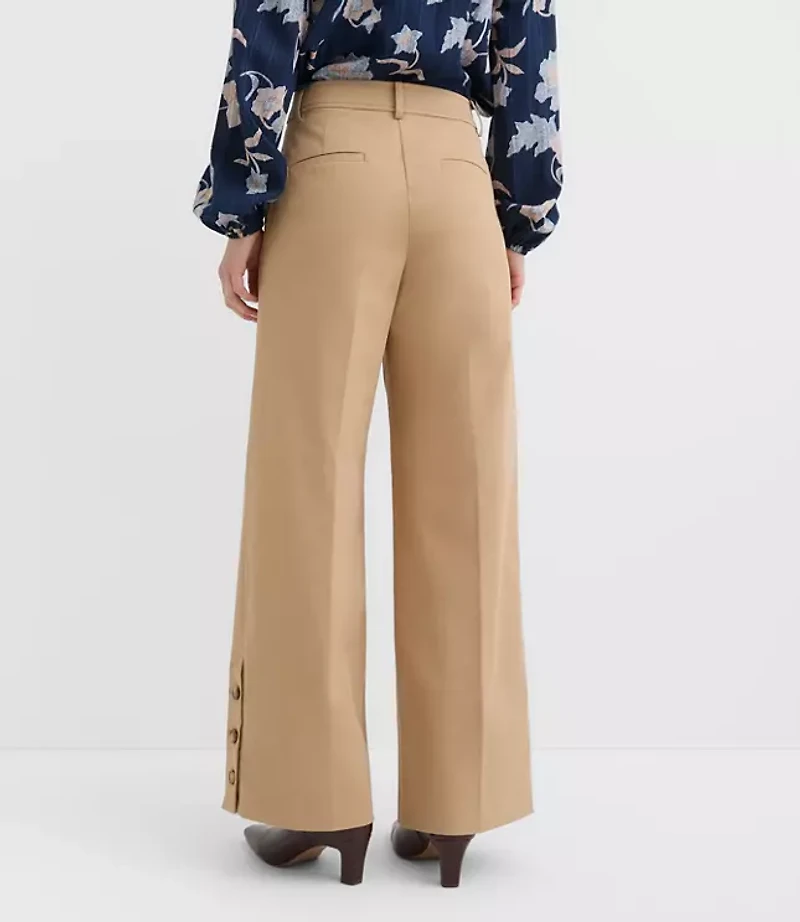 Side Button Wide Leg Pants Twill