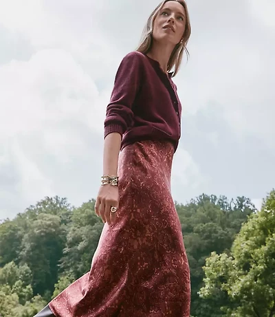Floral Lace Print Satin Bias Maxi Skirt