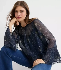 Petite Celestial Shimmer Ruffle Peplum Blouse