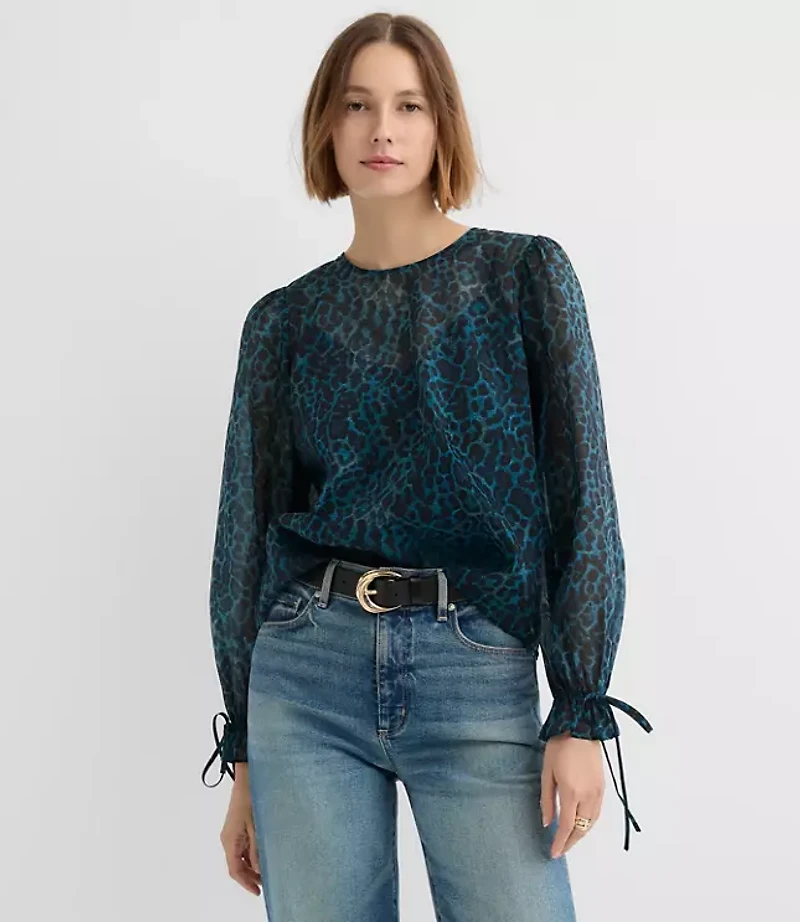 Petite Leopard Print Ruffle Tie Cuff Blouse