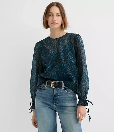 Petite Leopard Print Ruffle Tie Cuff Blouse