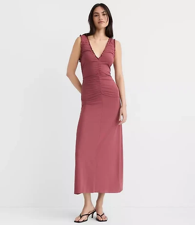 Ruffle Double V Ruched Midi Dress