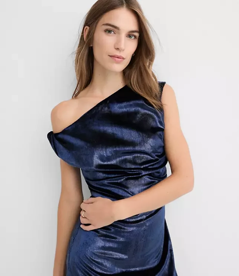 Petite Velvet Ruched Off The Shoulder Midi Dress