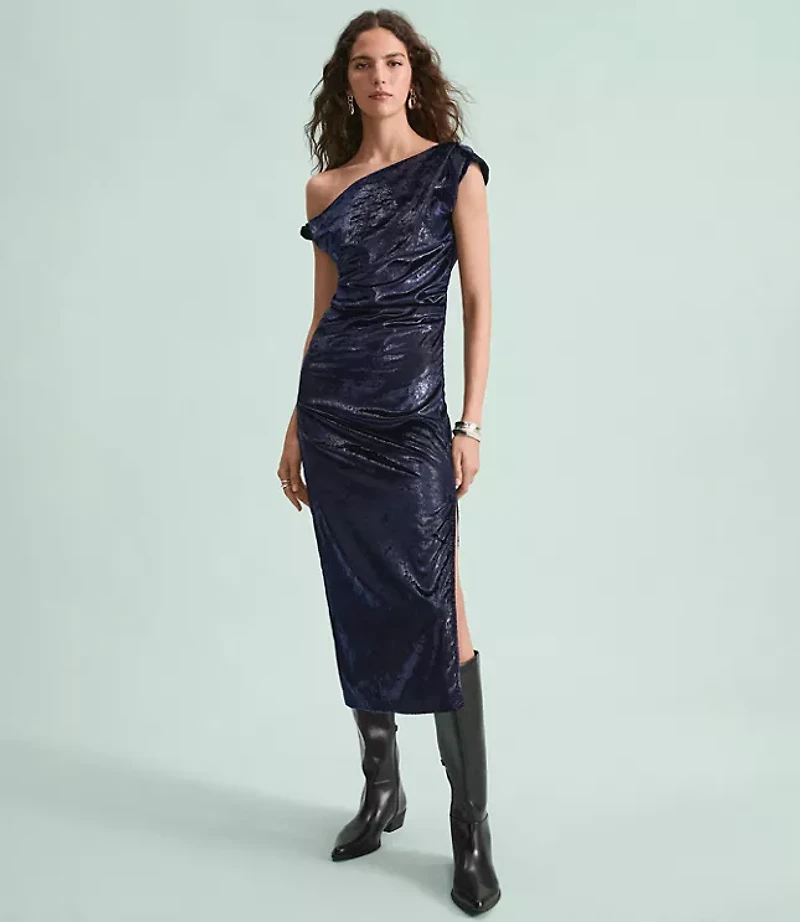 Petite Velvet Ruched Off The Shoulder Midi Dress