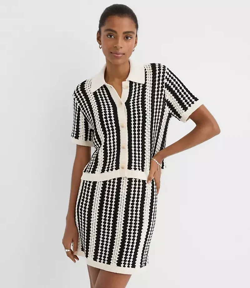 LOFT Beach Striped Crochet Polo Cardigan