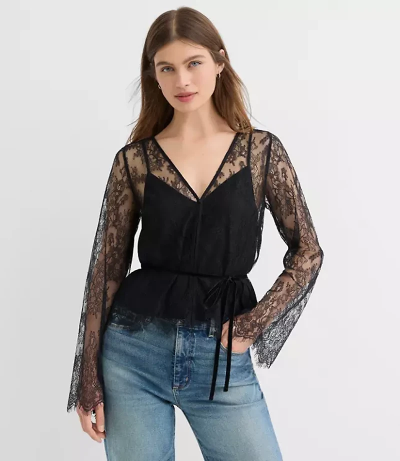 Velvet Tie Chantilly Lace Blouse
