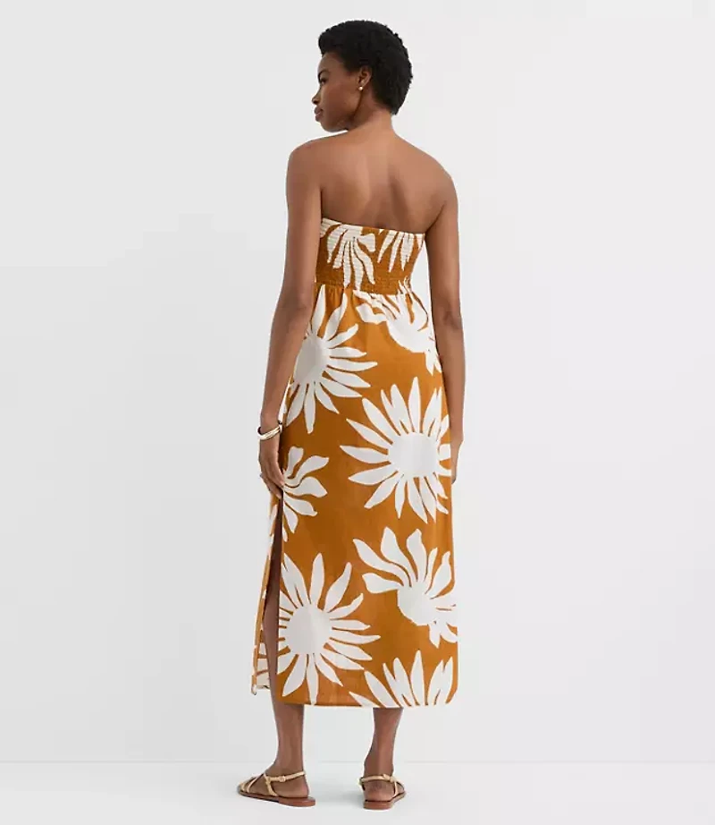 LOFT Beach Floral Side Ruched Linen Cotton Strapless Maxi Dress