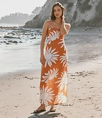 LOFT Beach Floral Side Ruched Linen Cotton Strapless Maxi Dress