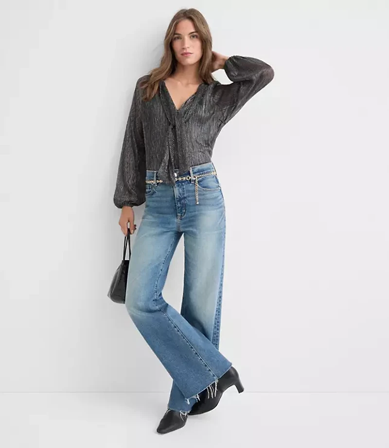 Petite Metallic Shirred Tie Neck Blouse