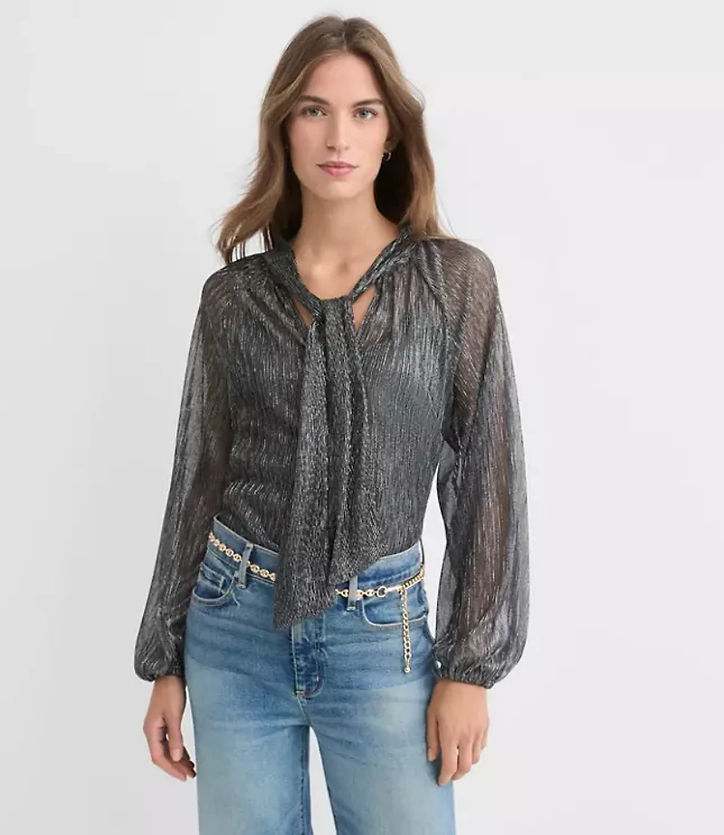 Petite Metallic Shirred Tie Neck Blouse