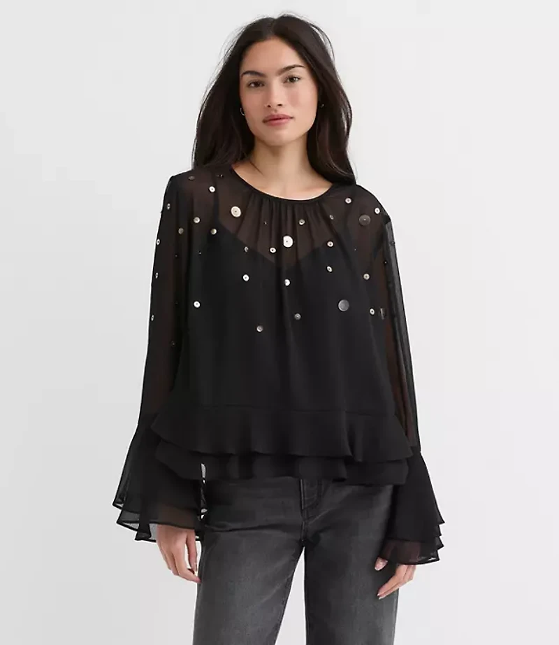 Petite Sequin Ruffle Peplum Blouse