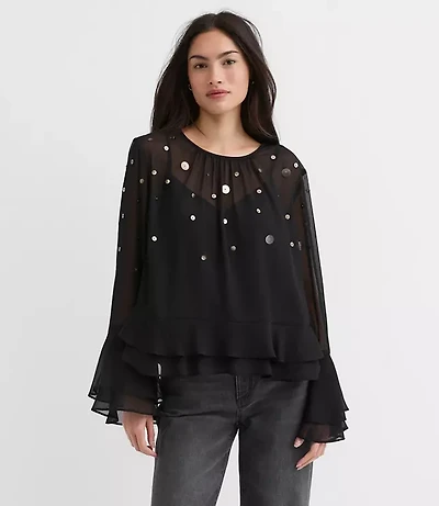 Petite Sequin Ruffle Peplum Blouse