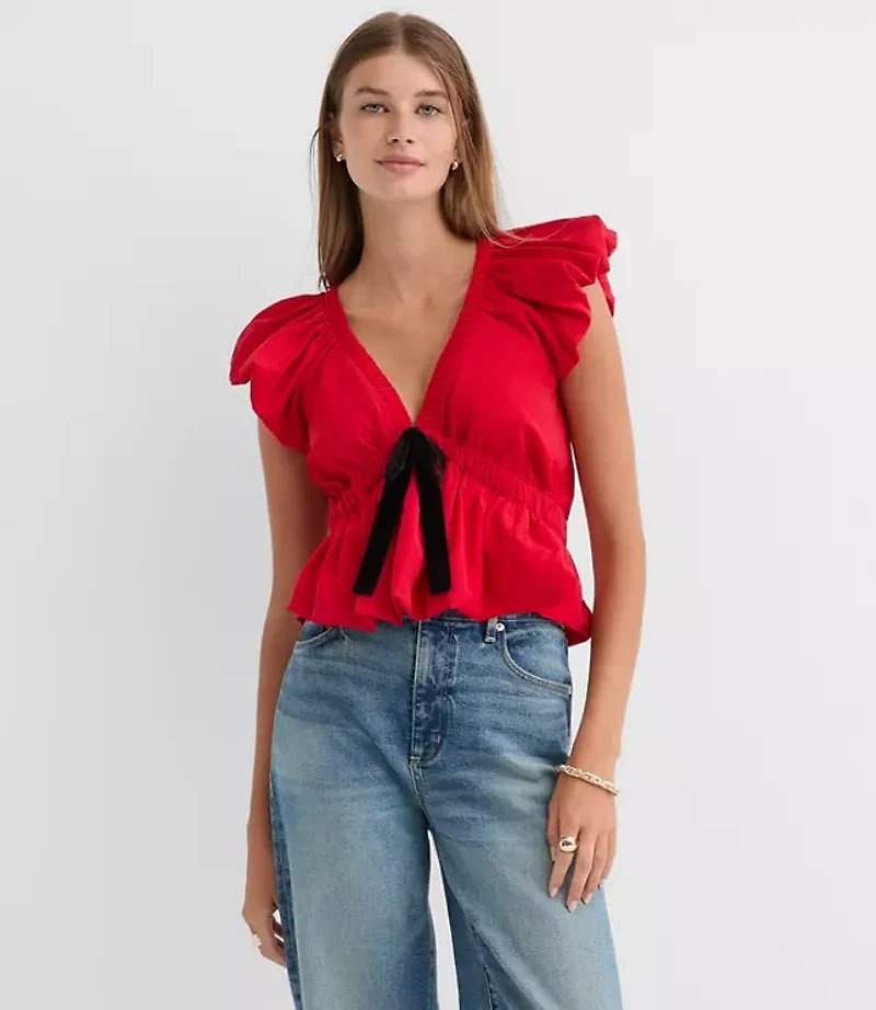 Velvet Bow Flutter Peplum Top