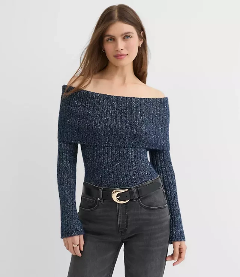 Petite Shimmer Ribbed Flare Sleeve Off The Shoulder Sweater