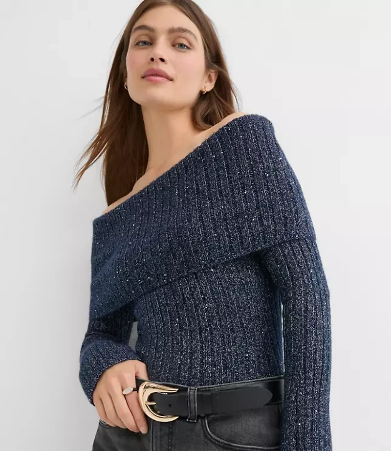 Petite Shimmer Ribbed Flare Sleeve Off The Shoulder Sweater