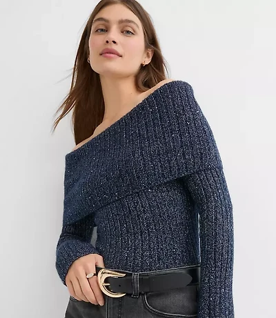 Petite Shimmer Ribbed Flare Sleeve Off The Shoulder Sweater