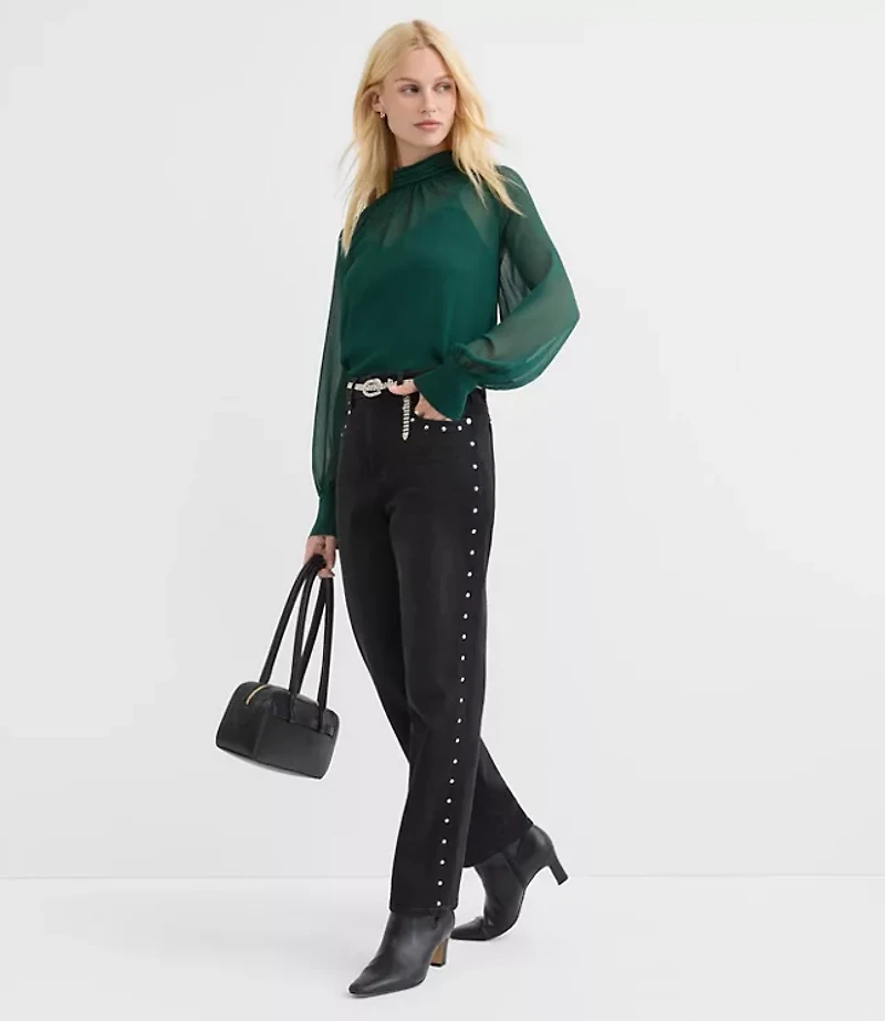 Petite Pleated Mock Neck Blouse