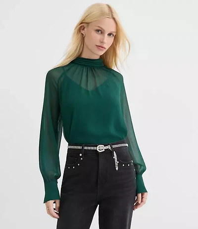 Petite Pleated Mock Neck Blouse