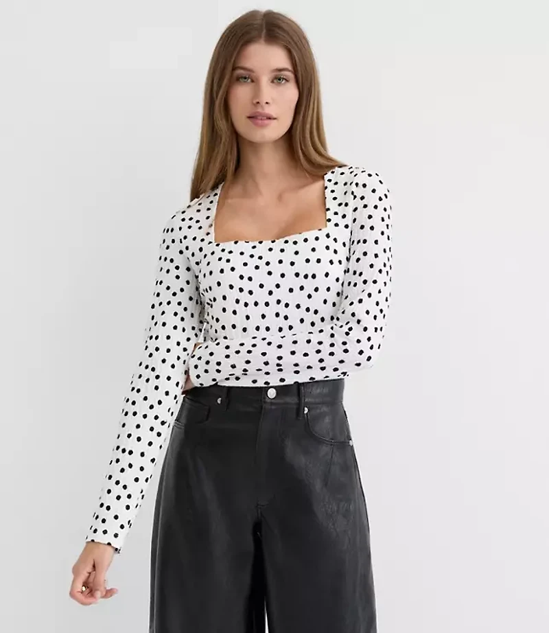 Petite Dot Textured Ruched Square Neck Top