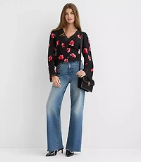 Floral Lace Trim V-Neck Blouse