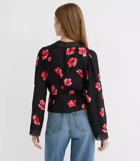 Floral Lace Trim V-Neck Blouse
