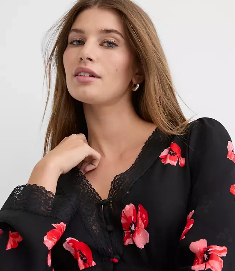 Floral Lace Trim V-Neck Blouse