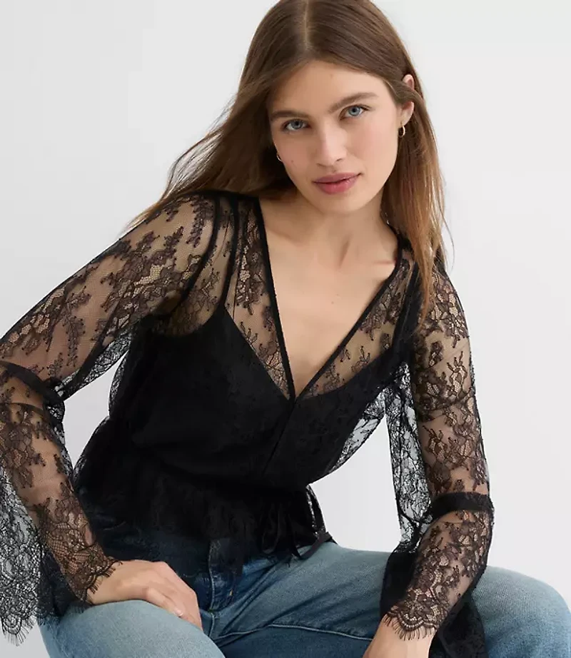 Petite Velvet Tie Chantilly Lace Blouse