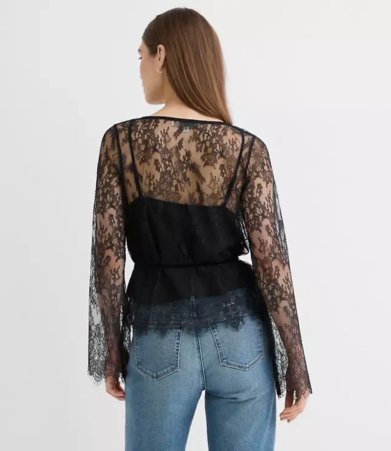 Petite Velvet Tie Chantilly Lace Blouse