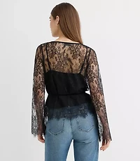 Petite Velvet Tie Chantilly Lace Blouse