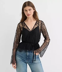 Petite Velvet Tie Chantilly Lace Blouse
