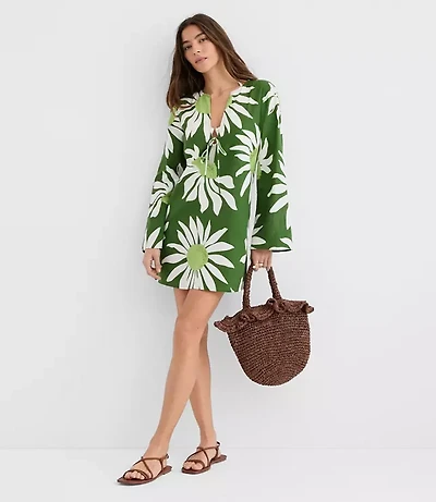 LOFT Beach Floral Linen Cotton Flare Sleeve Mini Dress