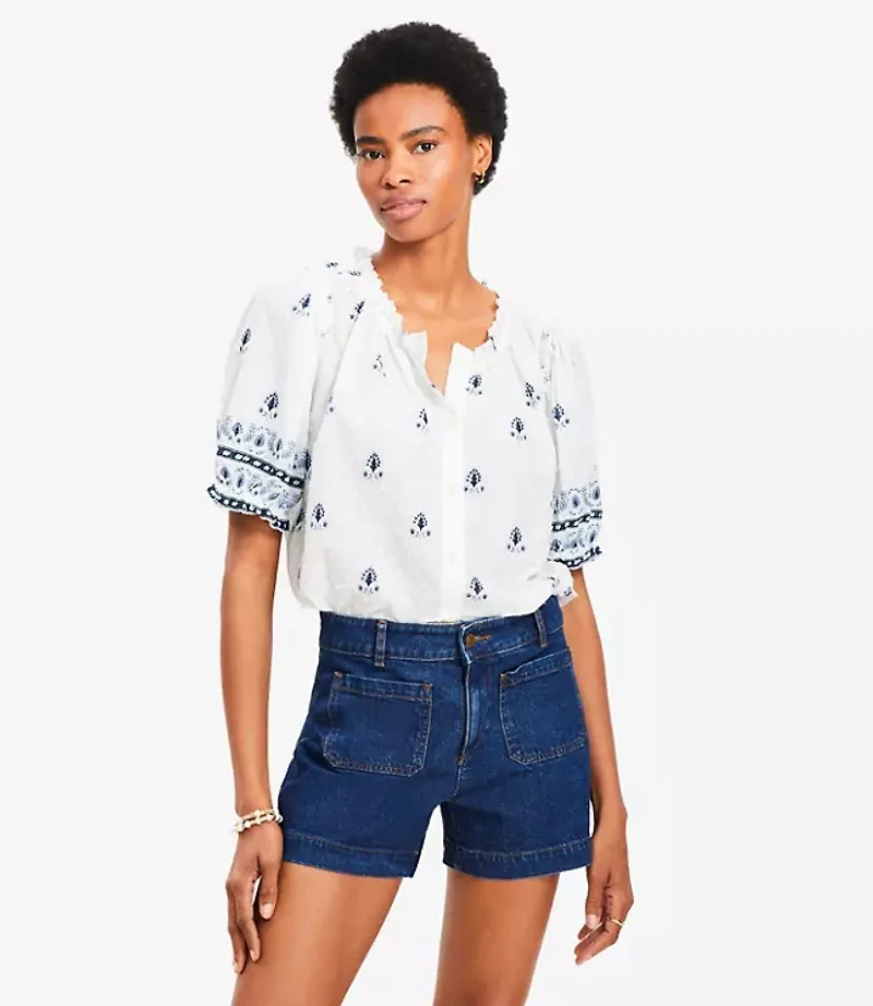 Petite Border Floral Clip Pleated Blouse