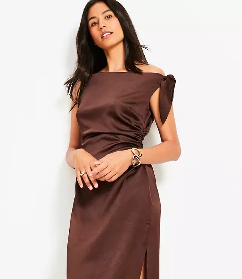 Petite Satin Tie One Shoulder Midi Dress